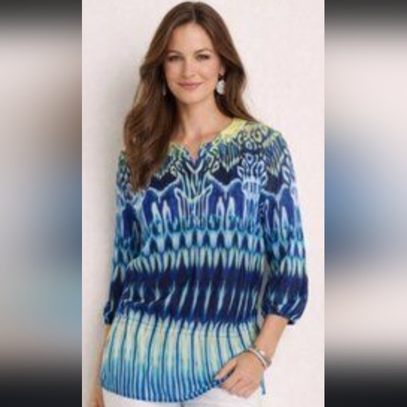 Chico's Tops - Chico’s Ladies 2/size 12 Blue Green Tribal Print Sheer Tunic